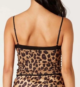 Detailed back view of leopard print camisole with adjustable spaghetti straps and slim fit