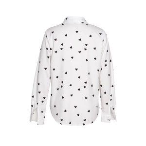 Detailed back view of white long sleeve shirt featuring black heart print and curved hem