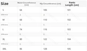 Size chart for women's drawstring cotton linen pants showing waist and hip measurements