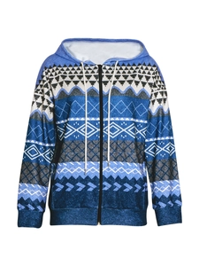 Detail of the navy blue ethnic geometric pattern and zipper on this oversized hoodie