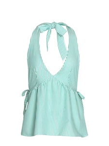 Detail of green and white striped halter top with adjustable side ties and V-neckline