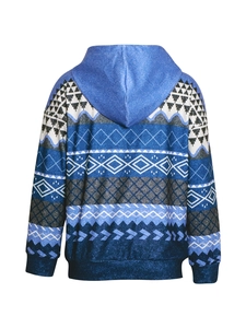 Detail view of the back of a blue hoodie with Nordic geometric patterns and ribbed hem