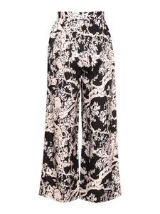 Hoge taille katoen linnen broek met wijde pijpen en zwart-witte bloemen bos print