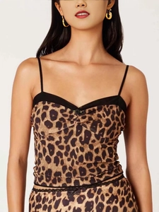 Sexy leopard print lace camisole set with V-neckline and black mesh trim for women