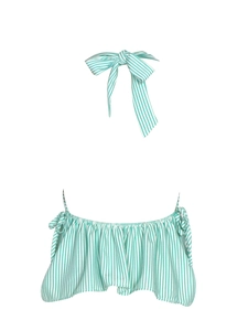 Detail of mint green striped halter top with ruffle hem and side drawstring