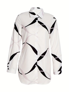 Women's casual long sleeve shirt with abstract black and purple print on white fabric