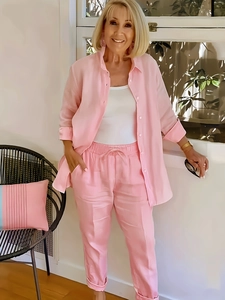 Women Casual Polyester Lapel Long Sleeve Top And Drawstring Long Pants Two Piece Set Solid Color Pink Top And Bottom