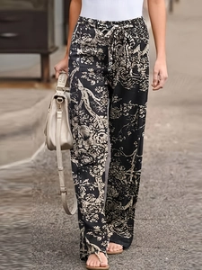 Dames Mode Bloemenprint Wijde Pijpen Broek Hoge Taille Losse Rechte Broek Met Strikceintuur Elegant Casual Zomer Strandbroek
