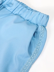 Light blue linen-blend wide leg trousers with elastic drawstring waist and lace trim side