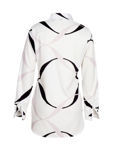 Women's casual long sleeve shirt featuring minimalist geometric circle print in white and pink