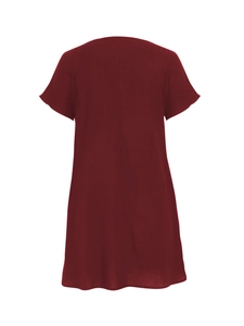 Back view of a loose-fit cotton linen round neck short sleeve dress in burgundy color