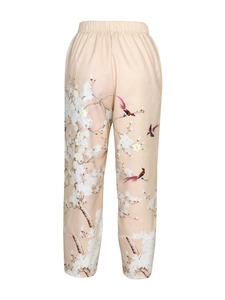 Pantalon droit pour femme avec imprimés floraux élégants et motifs d'oiseaux en tissu soyeux