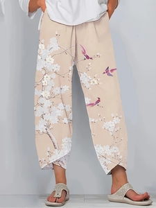 Pantalon Large pour Femmes Imprimé Floral Motif Oiseau Taille Haute Élastique Pantalon Droit Ourlet Fendu Décontracté Été