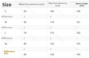 Detailed size chart for leopard print straight leg pants including waist and hip measurements