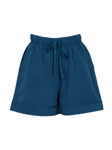 Détail du short décontracté en coton et lin sarcelle avec taille élastique et poches latérales