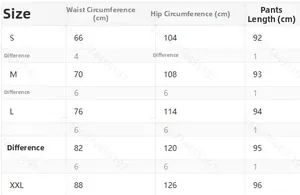 Größentabelle für geblümte Freizeithosen mit Maßen für Taille, Hüfte und Länge in cm