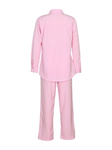 Back view of pink casual two-piece cotton linen blend suit with shirt and wide-leg trousers