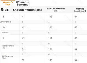 Size chart for women print suit showing shoulder, bust and length from S to XXL