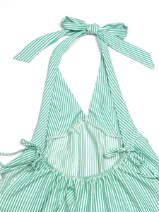 Detail of green and white striped halter top with bow tie neck and ruched chest design