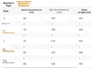 Detailed size chart for women's printed cotton linen pants from size S to XXL in centimeters