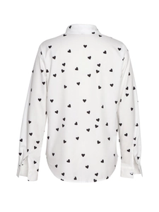 White long-sleeve shirt with black heart print, back view showing relaxed casual fit