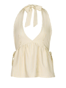 Detail showing khaki vertical stripes, halter neck tie, and ruffled waist of the summer top