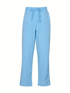 Women's light blue casual cotton straight trousers with drawstring elastic high waist