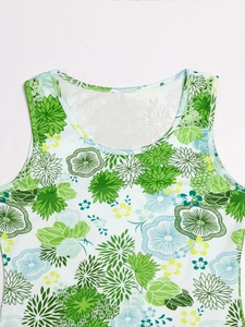 Floral print sleeveless sundress with round neck and pockets in fresh green and blue