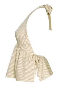 Detail of beige and white striped halter top featuring ruffle hem and side tie closures