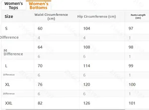Tableau des tailles détaillé pour pantalon à carreaux femme S-XXL avec mesures de taille