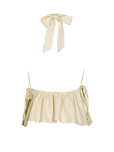 Detail of cream and white striped halter top with side decorative bow-knot ties