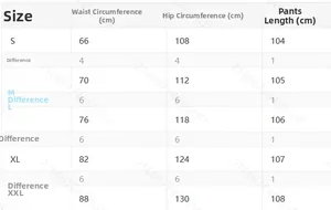 Size chart for women wide leg pants listing measurements for waist hip and length in cm