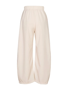 Minimalist high-waisted linen wide leg trousers in cream beige with elastic waistband