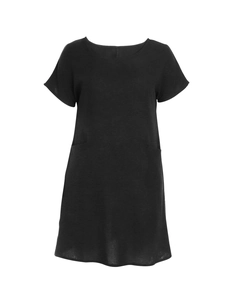 Detail of loose black short-sleeve cotton linen dress with crew neck and side pockets