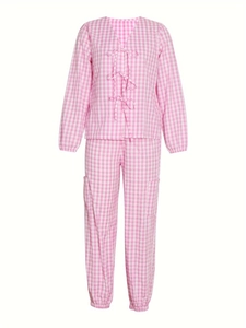 Ensemble pyjama en coton à carreaux roses avec nœuds de fermeture et pantalon assorti