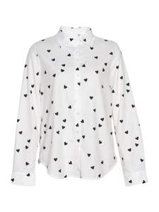Women's long sleeve white button-up shirt with all-over black heart print and lapel collar