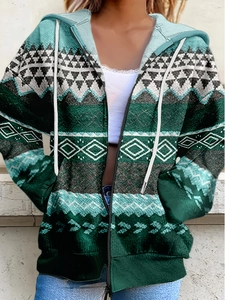 Women's casual zip-up hoodie with vintage geometric patterns and adjustable drawstring