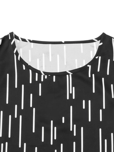 Close-up of crew neckline showing high-quality stitching and white dash print on black fabric