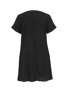 Back view of a casual loose black cotton linen dress with a clean A-line cut and stitching