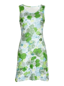 Floral sleeveless round neck sundress in white with green and yellow botanical prints