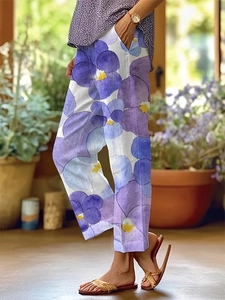 Damen Casual Blumenmuster Weite Hose Locker Hohe Taille Gerade Hose Lila Blau Blumenmuster Sommer Strandbekleidung