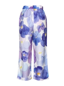 Damenhose mit weitem Bein, großen Blumenprints in Violett und Blau und elastischem Bund