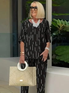 Women's two-piece linen blend casual set with chic white vertical dash print in black