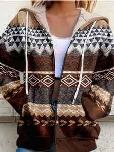 Women's vintage geometric print zip-up hoodie with drawstring in brown and beige tones