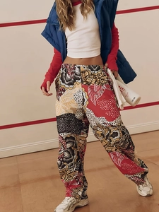 Women Leopard Patchwork Wide Leg Pants High Waist Elastic Casual Street Straight Long Trousers Bohemian Printed Fashion