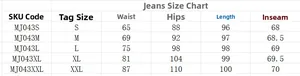 Size chart for high waist stretch denim jeans with waist, hip and length measurements