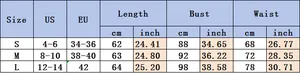 Detailed size chart for the sleeveless square neck dress including US and EU measurements