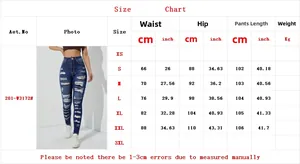Size chart for high waist distressed skinny jeans from XS to 3XL with measurements