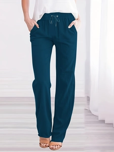 Women's casual drawstring straight leg linen pants in deep teal with side pockets