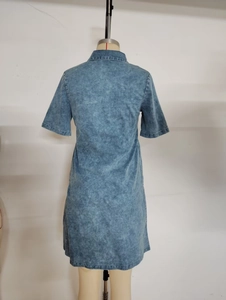 Short sleeve light blue denim midi dress with a classic turn-down collar for women